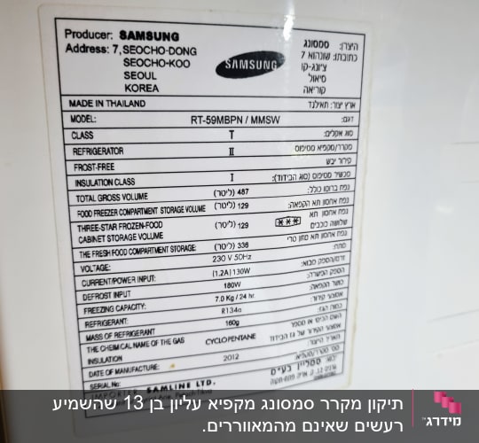 תווית מפרט טכני של מקרר סמסונג עם פרטים טכניים.